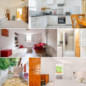 a collage of photos of a kitchen and a living room at Le Charme Cambois in Cambo-les-Bains