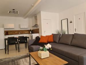ein Wohnzimmer mit einem grauen Sofa und einem Tisch in der Unterkunft Luxe et Détente Près du Luxembourg 