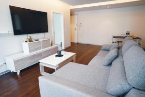 ein Wohnzimmer mit einem Sofa und einem Flachbild-TV in der Unterkunft Funchal Centrum Apartment in Funchal