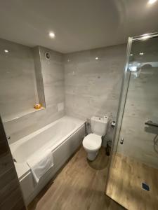 La salle de bains est pourvue d'une baignoire, de toilettes et d'une douche. dans l'établissement Hotel Rila, à Doupnitsa