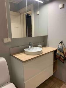 W łazience znajduje się umywalka i lustro. w obiekcie Mølleråsen Apartment w mieście Sandefjord