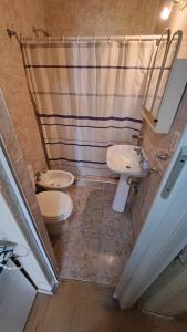 a bathroom with a sink and a toilet and a shower curtain at DEPARTAMENTO AUGUSTO- Excelente ubicacion en pleno centro de Mendoza in Mendoza