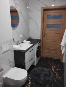 La salle de bains est pourvue de toilettes, d'un lavabo et d'un lave-linge. dans l'établissement Apartament Niebieski 14/1, à Starogard Gdański