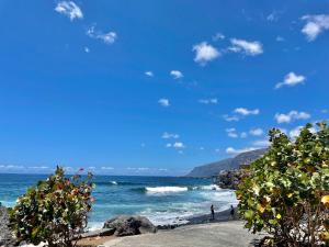 people walking on a beach with the ocean and rocks at Kpaco Apartment in Puerto de Santiago