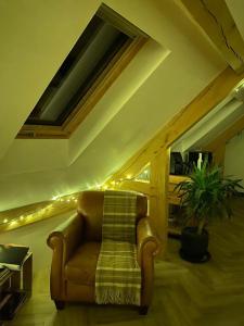 a couch in a living room with a ceiling with lights at Bedport Loft in Burrington