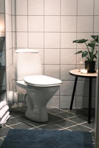 a bathroom with a toilet and a table with a plant at Studio apartment in Oslo