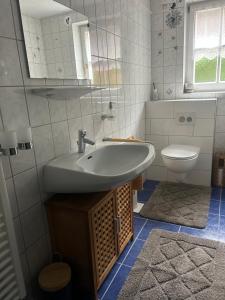 a bathroom with a sink and a toilet at Landhaus Ostermann in Umhausen