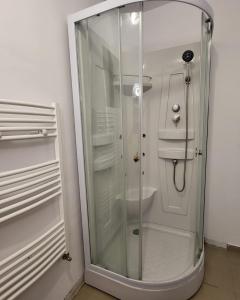 y baño con ducha y puerta de cristal. en Adac Boutique Hotel, en Bucarest
