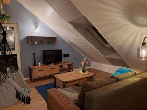 ein Wohnzimmer mit einem Sofa und einem TV in der Unterkunft Juliane`s Panorama-Domizil in Nemmersdorf in Goldkronach