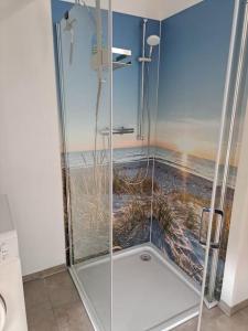 a shower with a glass door in a bathroom at Juliane`s Panorama-Domizil in Nemmersdorf in Goldkronach
