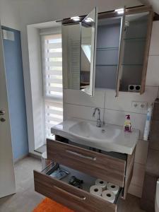 ein Bad mit einem Waschbecken und einem Spiegel in der Unterkunft Juliane`s Panorama-Domizil in Nemmersdorf in Goldkronach