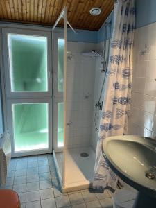 La salle de bains est pourvue d'une douche, de toilettes et d'un lavabo. dans l'établissement Les Floralies, à La Tranche-sur-Mer