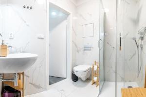a bathroom with a shower and a toilet and a sink at Horský apartmán v resortu se službami a wellness in Vrchlabí