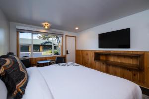レイクプラシッドにあるTown House Lodgeのベッドルーム(大型ベッド1台、薄型テレビ付)