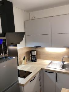 una pequeña cocina con armarios blancos y fregadero en Charmant appartement avec vue lac, en Talloires