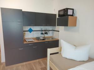 eine Küche mit einem Waschbecken und einem Sofa in einem Zimmer in der Unterkunft City Pension Senftenberg / Apartment Nr.1 in Senftenberg