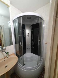 een badkamer met een douche en een wastafel bij Maria Apartman in Sovata