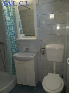 uma casa de banho com um WC, um lavatório e uma banheira em ANDREEA SI ELIZA em Costinesti