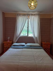a bedroom with a large bed with a window at Cabaña valle de elqui horcon Encantó del pimiento in Horcon