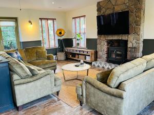a living room with two couches and a fireplace at Rayners Farm Lodge in Mattishall
