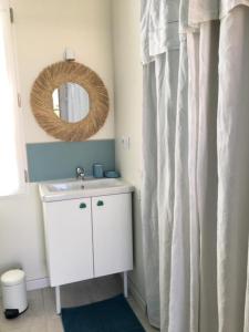 een badkamer met een wastafel en een spiegel bij La possibilité d'une île in Boyardville