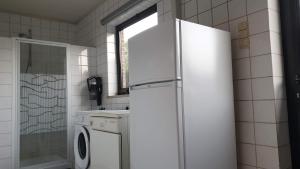a white refrigerator in a bathroom with a washing machine at Brelaarheide in Aan de Wolfsberg