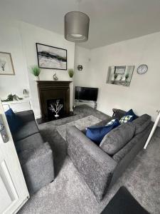 ein Wohnzimmer mit einem Sofa und einem Kamin in der Unterkunft Cosy Nest Getaways in Hickleton