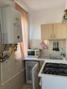 a small kitchen with a sink and a microwave at Garsoniera Eforie Nord in Eforie Nord