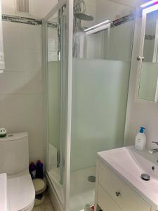 een badkamer met een douche, een toilet en een wastafel bij Appartement T2 lumineux, moderne avec parking et wifi - 4SABLE16 in Canet-en-Roussillon