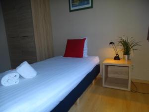 una camera da letto con un cuscino rosso di Room in Studio - Condo Gardens Leuven - Budget Studio Single a Lovanio