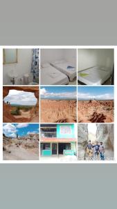un collage de photos d'un bâtiment dans le désert dans l'établissement Hostal Makesa Tatacoa, à Villavieja