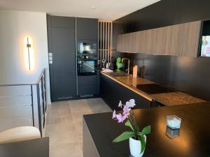 a kitchen with black cabinets and a table with a plant at Chez Charly in Bordeaux