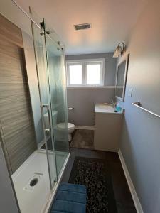 a bathroom with a shower and a toilet and a sink at Waterfront cozy cottage. in Port Perry