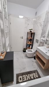 a bathroom with a toilet and a sink at Apartament Ariana Rasnov in Râşnov