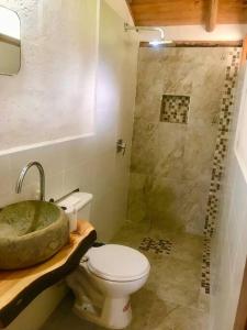 La salle de bains est pourvue de toilettes, d'une douche et d'un lavabo. dans l'établissement Cabaña Rumiwasi Imbabura, à Otavalo