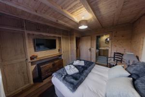 een kamer met een bed, een tv en een bank bij Chalet Krystal in Les Carroz d'Araches