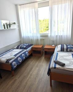 1 dormitorio con 2 camas y ventana en Apartment am Bahnhof und Uniklinik, en Mainz