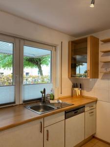 a kitchen with a sink and two windows at Hübsches Apartment im Herzen Verdens in Verden