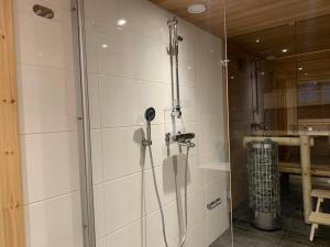 a shower with a glass door in a bathroom at Kaupinmaja, Ylläs - Hirsimökki järvi- ja tunturimaisemilla in Äkäslompolo