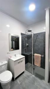 een badkamer met een douche, een toilet en een wastafel bij Apartamento Doble Vacacional Carmona in Carmona