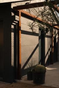 una porta bianca del garage con un cactus di fronte di Ranch Motel & Leisure Club a San Antonio
