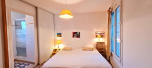 ein Schlafzimmer mit zwei Betten und einem Fenster in der Unterkunft Charmante villa avec piscine in La Couarde-sur-Mer