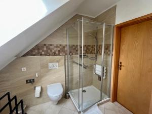 a bathroom with a toilet and a glass shower at Fewo Judith in Freital