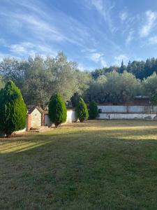 a yard with a house and a fence and trees at Elaiones house in Thessaloniki +28 photos