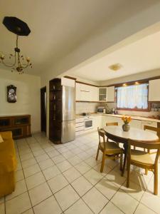 eine Küche mit einem Tisch und Stühlen sowie einem Kühlschrank in der Unterkunft Elaiones house in Thessaloniki