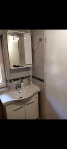 La salle de bains est pourvue d'un lavabo, d'un miroir et d'une douche. dans l'établissement Vikendica Rosi, 