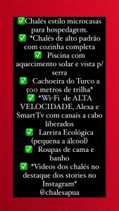 una lista de textos rojos y blancos de azepinas en una pantalla en Chalés para temporada - Chalés Apuã - 500 metros da Cachoeira, en Carrancas