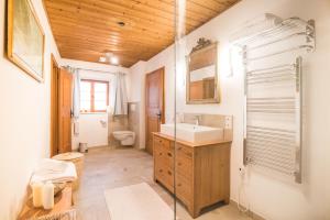 a bathroom with a sink and a toilet and a shower at Das Schusterhäusl - Urlaub im oberbayerischen Baudenkmal in Samerberg