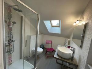a bathroom with a sink and a shower and a toilet at Le jardin des Vérottes in Beaune