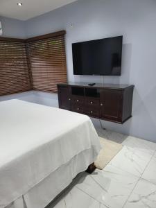 a bedroom with a bed and a flat screen tv at The Royal at Meadowbrook 3 bed rooms house in Kingston